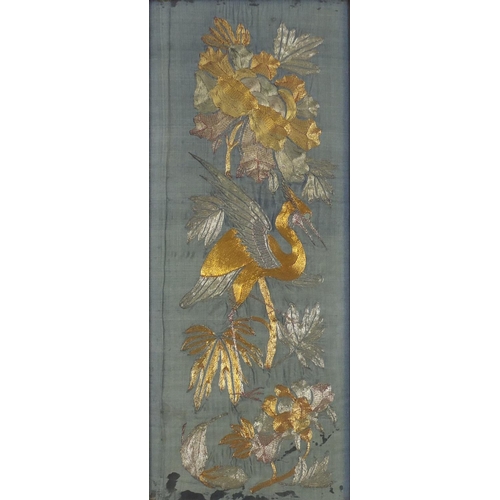 145 - Chinese silk panel embroidered with a crane amongst flowers, mounted in an inlaid wooden frame with ... 