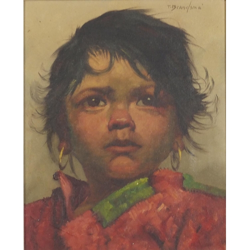 29 - Jeanne Brandsma - Young child with hooped earrings,  oil on canvas, mounted in contemporary frame, 2... 