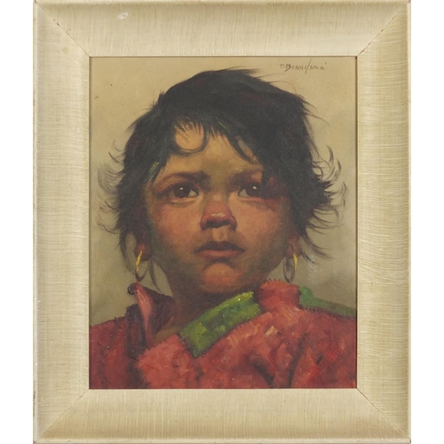 29 - Jeanne Brandsma - Young child with hooped earrings,  oil on canvas, mounted in contemporary frame, 2... 