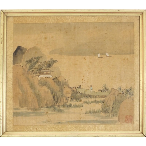 379 - Figures in a landscape with lake, Chinese watercolour onto silk with red seal mark, mounted and fram... 