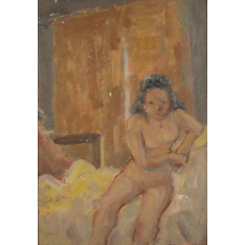 476 - Nude female on a bed, German school oil on card, framed, 26.5cm x 18.5cm