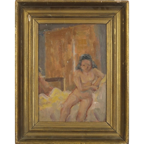 476 - Nude female on a bed, German school oil on card, framed, 26.5cm x 18.5cm