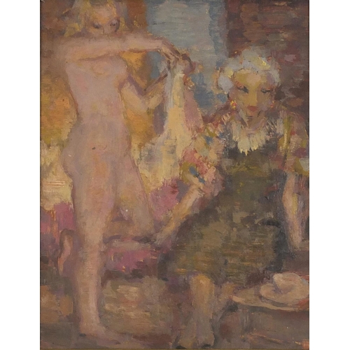 477 - Nude female with an attendant, German school oil on card, mounted and framed, 19.5cm x 15cm