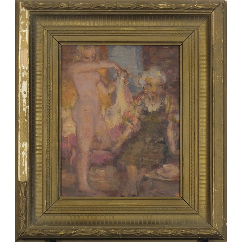 477 - Nude female with an attendant, German school oil on card, mounted and framed, 19.5cm x 15cm