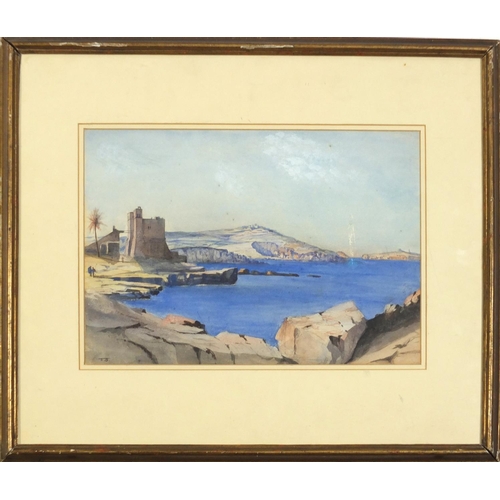 350 - Frank Short - Mediterranean coastal scene, watercolour, details verso, mounted, framed and glazed, 3... 