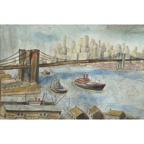 1553 - After Reginald Marsh - New York harbour, watercolour, mounted, framed and glazed, 44.5cm x 30.5cm