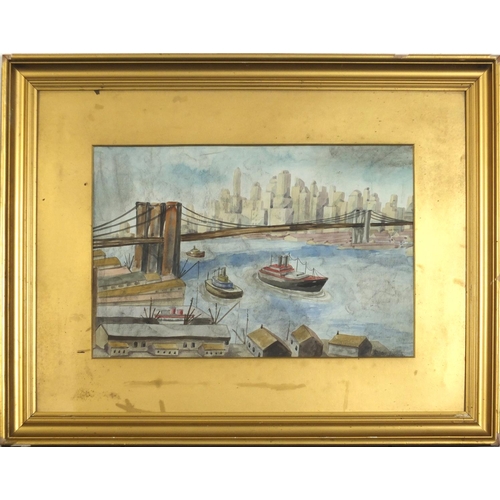 1553 - After Reginald Marsh - New York harbour, watercolour, mounted, framed and glazed, 44.5cm x 30.5cm