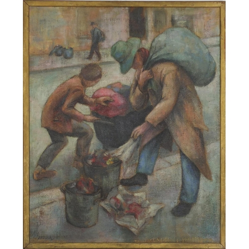 139 - Attributed to Norman Cornish - Street life, oil on canvas, inscribed verso, framed, 80cm x 63.5cm