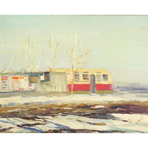 668 - Train carriage in a landscape, Russian school oil on board, mounted and framed, 39.5cm x 31cm
