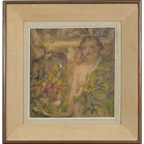 475 - Nude female and one other, German school oil on board, mounted, mounted and framed, 33cm x 31.5cm