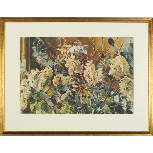 391 - Herbert Graham McCulloch - White lilacs, signed watercolour, details verso, mounted, framed and glaz... 