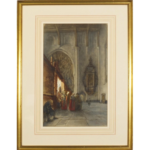 233 - Jules Victor Genisson - Figures in a cathedral, heightened signed watercolour, mounted, framed and g... 