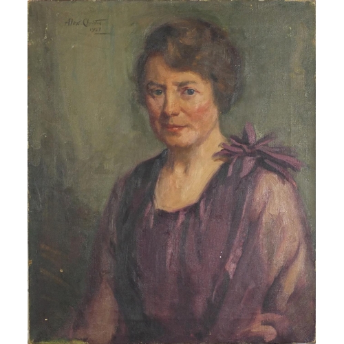 478 - Alex Christie 1927 - Portrait of a lady in a purple dress, signed oil on canvas, unframed, 61cm x 51... 