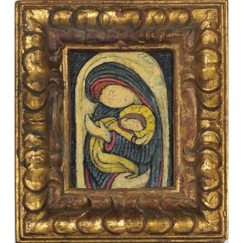 265 - Madonna and child, surreal school oil on board, bearing a signature Clane, framed, 19.5cm x 14cm