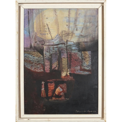 356 - Manner of Alexander Mackenzie - Abstract composition, oil on board, mounted and framed, 39cm x 27cm