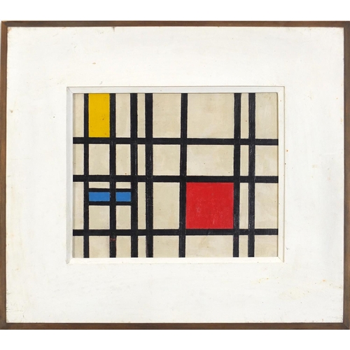 354 - After Piet Mondrian - Abstract composition, geometric shapes, oil on board, framed, 25.5cm x 20.5cm