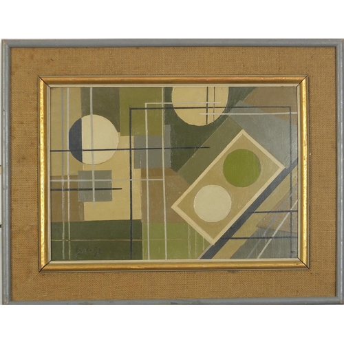 438 - Manner of Ben Nicholson - Abstract composition, geometric shapes, oil on board, stamp verso, mounted... 