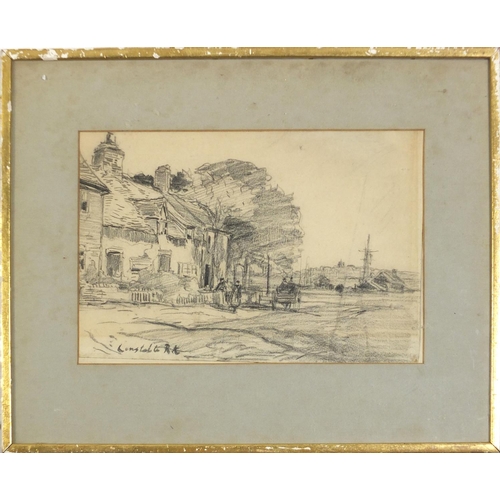 532 - Manner of Constable - Village by a port, 19th century charcoal, mounted, framed and glazed, 30.5cm x... 