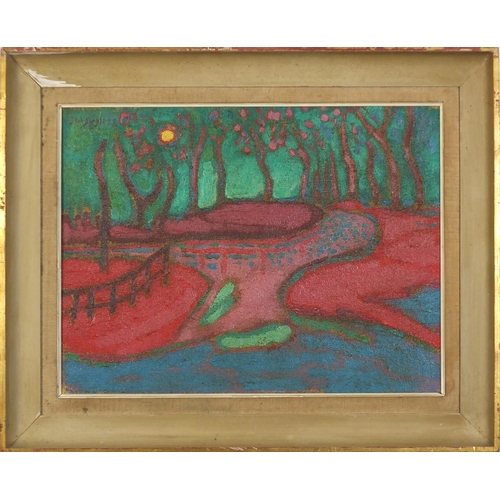 103 - Abstract composition, garden scene, Continental school oil on board, mounted and framed, 56.5cm x 43... 