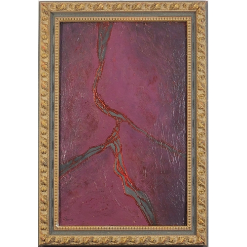 179 - Abstract composition, oil on board, bearing an indistinct signature, framed, 67.5cm x 42.5cm