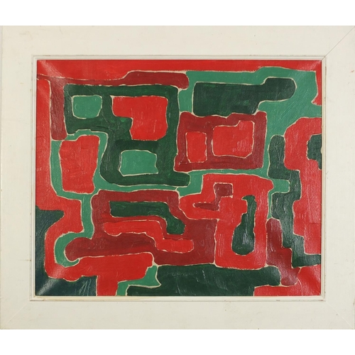 392 - Abstract composition, oil on canvas, bearing an indistinct signature and inscription verso, framed, ... 