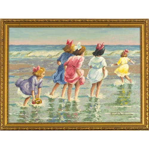 304 - Children paddling in the sea, American school oil on canvas, framed 37.5cm x 27cm