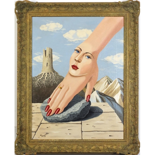 101 - Manner of René Magritte - Surreal composition with head of a female, oil on canvas, framed, 60cm x 4... 