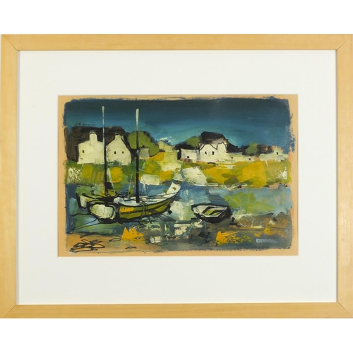 393 - Jordi Bonas - The fishing village, oil on paper, mounted, framed and glazed, 48cm x 32.5cm