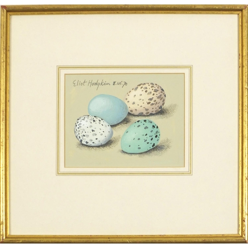 229 - Manner of Eliot Hodgkin - Still life eggs, tempera on card, mounted, framed and glazed, 15.5cm x 11.... 