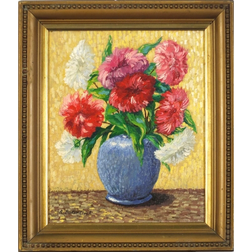 176 - Arthur Baker-Clack - Still life dahlias, oil on board, mounted and framed, 32cm x 26cm