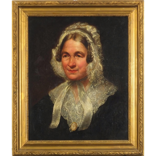 27 - Portrait of a female wearing a bonnet, Victorian oil on canvas, framed, 51.5cm x 41cm