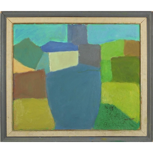 28 - Attributed to Sally Michel - Abstract composition, oil on board, inscribed verso, mounted and framed... 