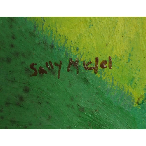 28 - Attributed to Sally Michel - Abstract composition, oil on board, inscribed verso, mounted and framed... 