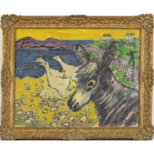 434 - Manner of Gerard Dillon - Geese and donkey by water, oil on canvas, framed, 49cm x 39cm