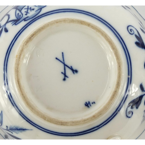 461 - Five Meissen fluted cups and saucers hand painted in the Blue Onion pattern, crossed sword marks to ... 