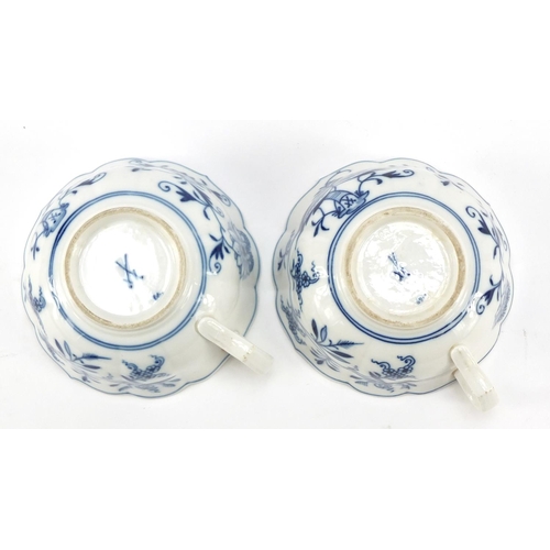 461 - Five Meissen fluted cups and saucers hand painted in the Blue Onion pattern, crossed sword marks to ... 