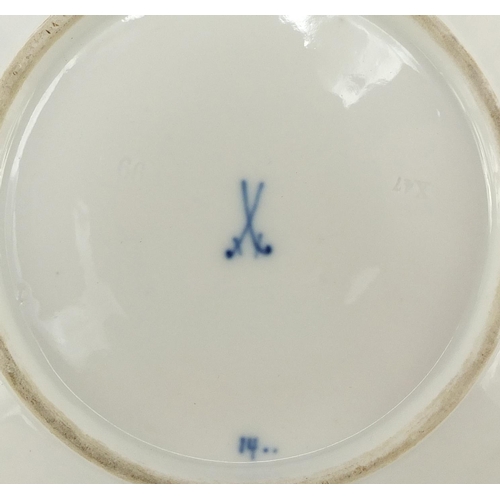 461 - Five Meissen fluted cups and saucers hand painted in the Blue Onion pattern, crossed sword marks to ... 