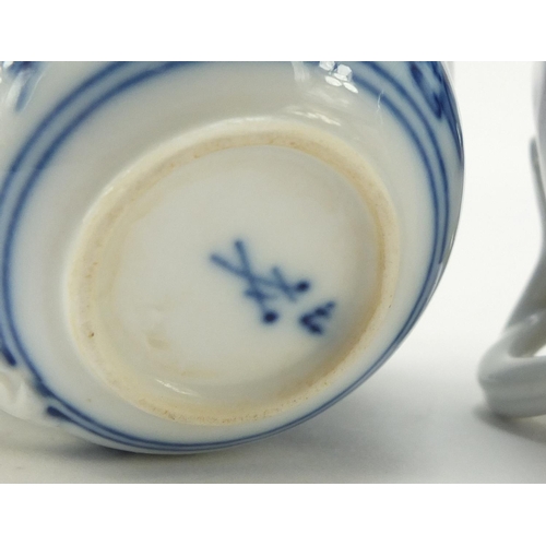 464 - Five Meissen fluted cups with saucers and two additional saucers each, each hand painted in the Blue... 