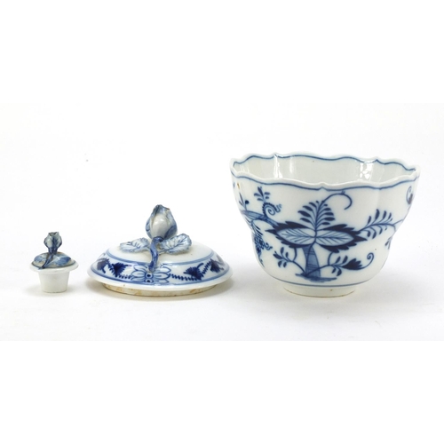 463 - Meissen porcelain comprising oversized cup, milk bowl, sugar bowl, flower vase and two lids, each ha... 