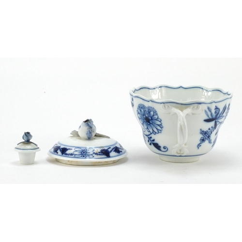 463 - Meissen porcelain comprising oversized cup, milk bowl, sugar bowl, flower vase and two lids, each ha... 