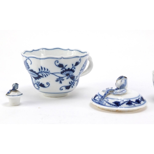 463 - Meissen porcelain comprising oversized cup, milk bowl, sugar bowl, flower vase and two lids, each ha... 