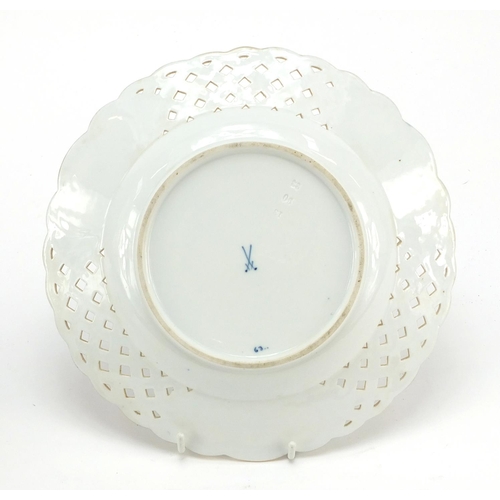 460 - Meissen pierced plate and a fluted sugar bowl, each hand painted in the Blue Onion pattern, crossed ... 