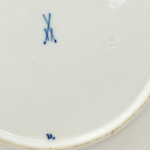 459 - Two Meissen plates and a shallow bowl, each hand painted in the Blue Onion pattern, crossed sword ma... 