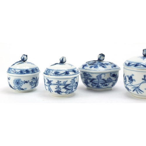 458 - Five Meissen sugar bowls with floral knopped lids and a open sugar bowl, each hand painted with the ... 