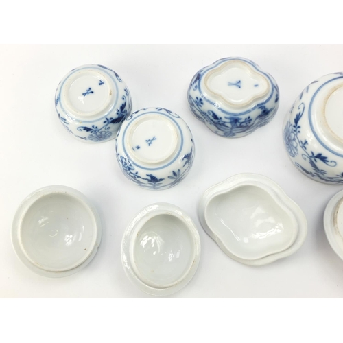 458 - Five Meissen sugar bowls with floral knopped lids and a open sugar bowl, each hand painted with the ... 