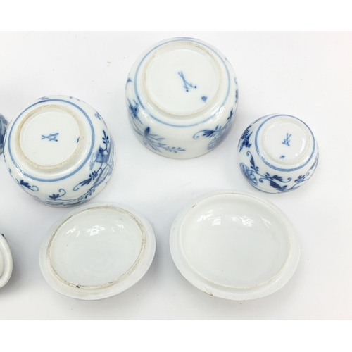 458 - Five Meissen sugar bowls with floral knopped lids and a open sugar bowl, each hand painted with the ... 