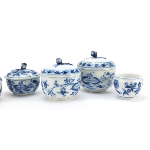 458 - Five Meissen sugar bowls with floral knopped lids and a open sugar bowl, each hand painted with the ... 