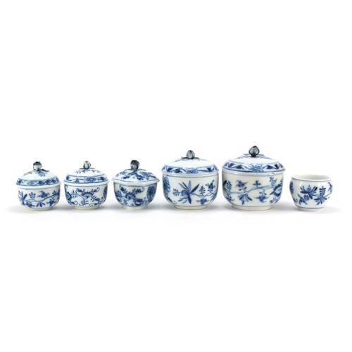 458 - Five Meissen sugar bowls with floral knopped lids and a open sugar bowl, each hand painted with the ... 