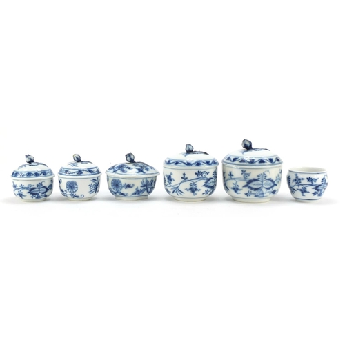 458 - Five Meissen sugar bowls with floral knopped lids and a open sugar bowl, each hand painted with the ... 