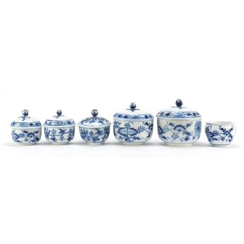 458 - Five Meissen sugar bowls with floral knopped lids and a open sugar bowl, each hand painted with the ... 